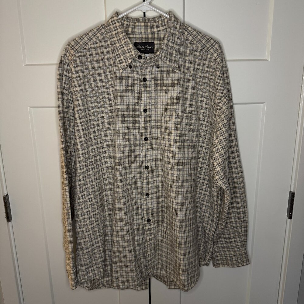 Eddie Bauer Men's Long Sleeve Button Down Shirt Beige Checkered Size XL